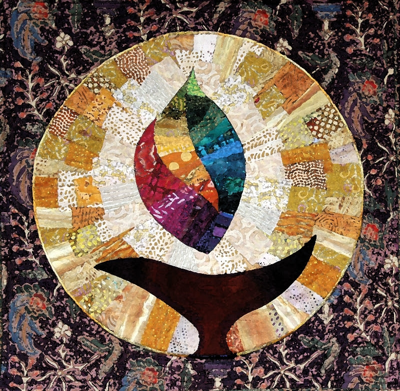 quilt illustration of flame over chalice in a circle pattern