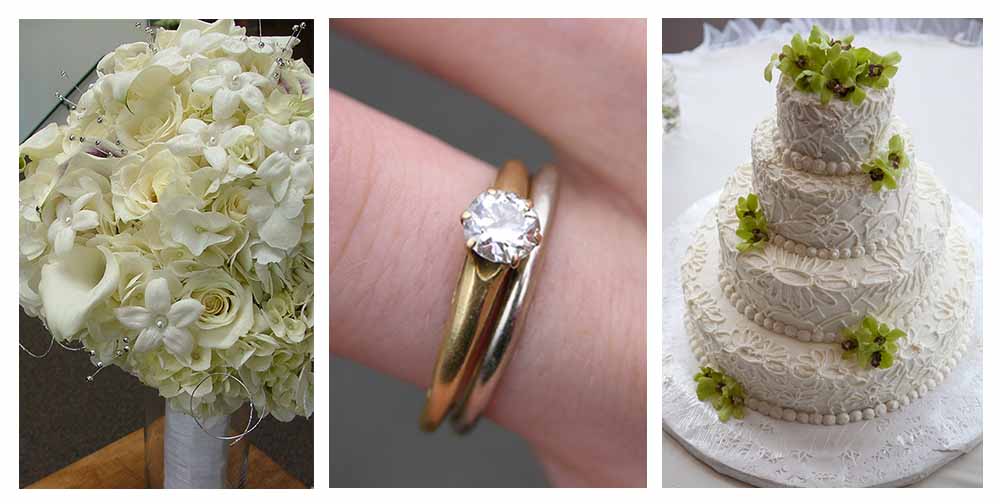 Trio of wedding images flowers wedding ring and wedding cake